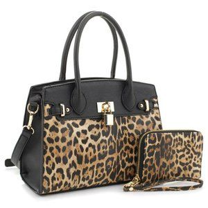 2 in 1 Black Leopard Vegan Leather Bag & Wallet